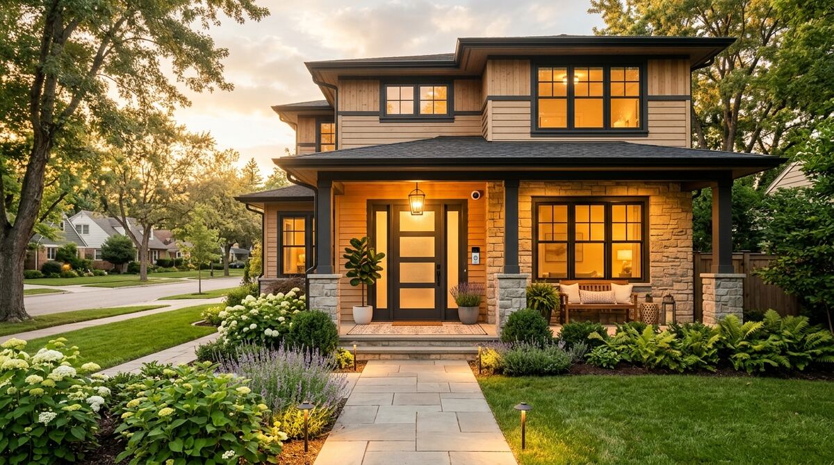 A welcoming modern home protected by smart-home security at golden hour